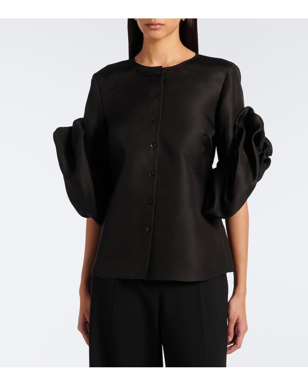 Carolina Herrera Black Floral-Applique Silk Top
