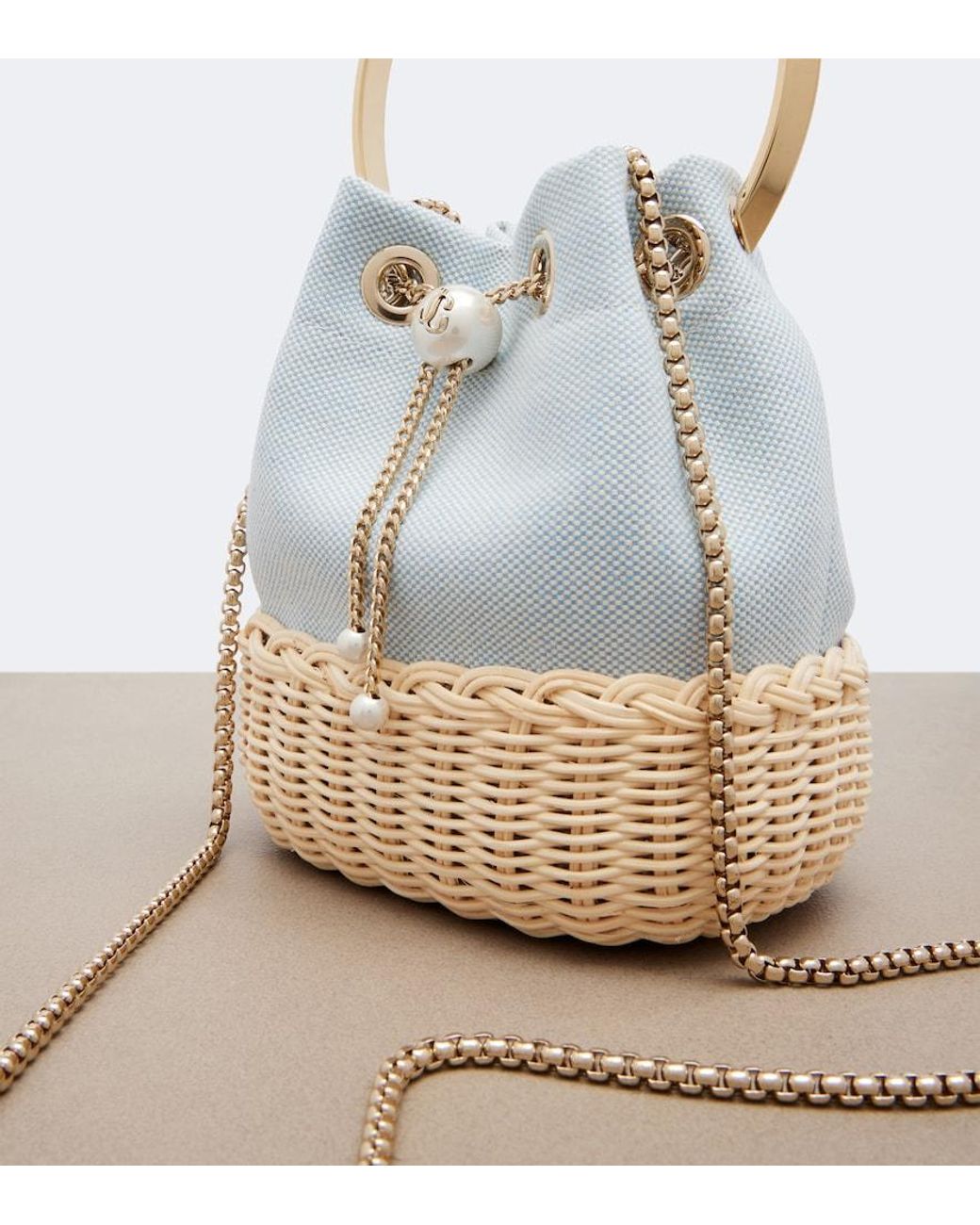 Jimmy Choo Blue Bon Bon Canvas And Wicker Bucket Bag