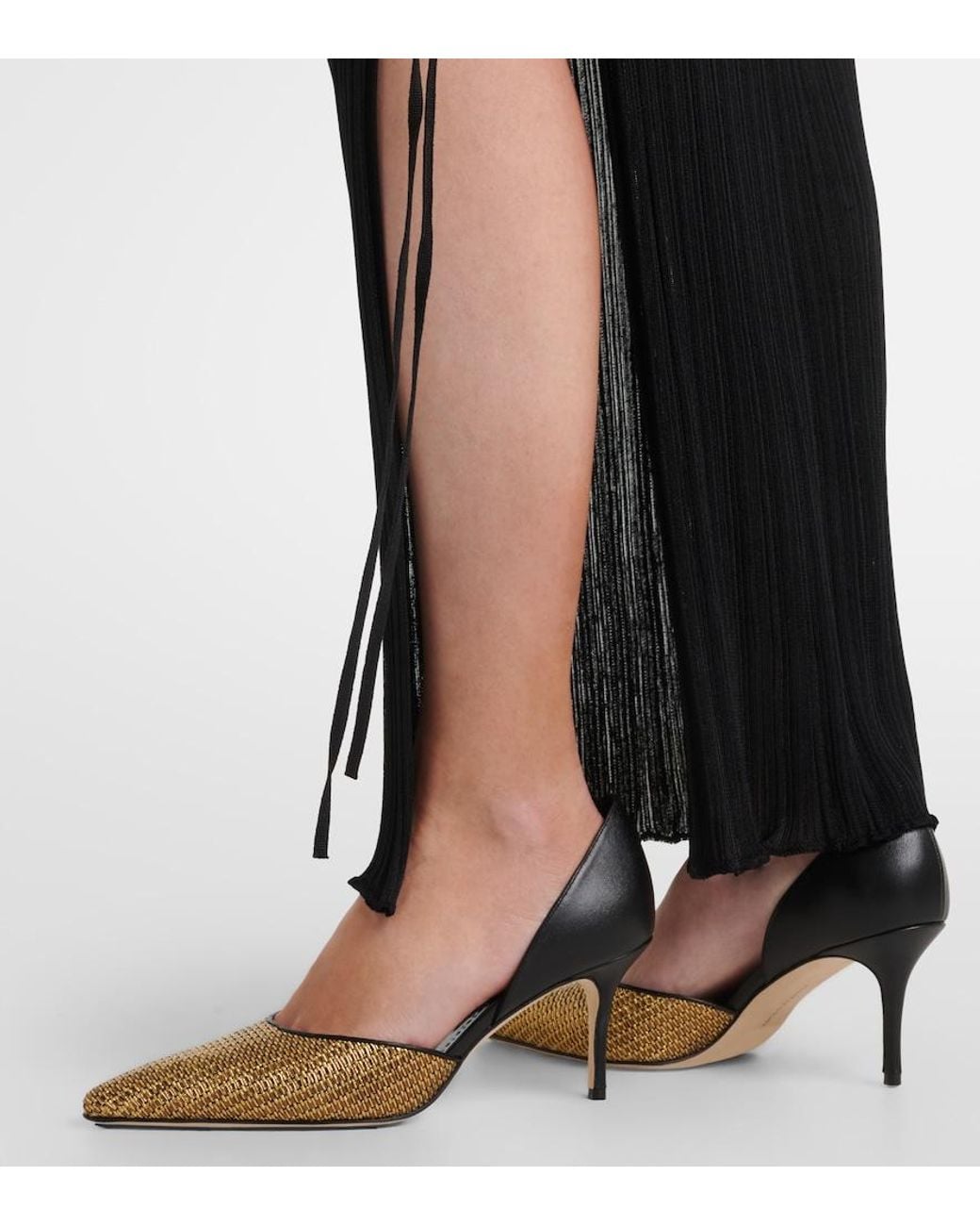 Manolo Blahnik Metallic Taylerbinu Leather-Trimmed Woven Pumps