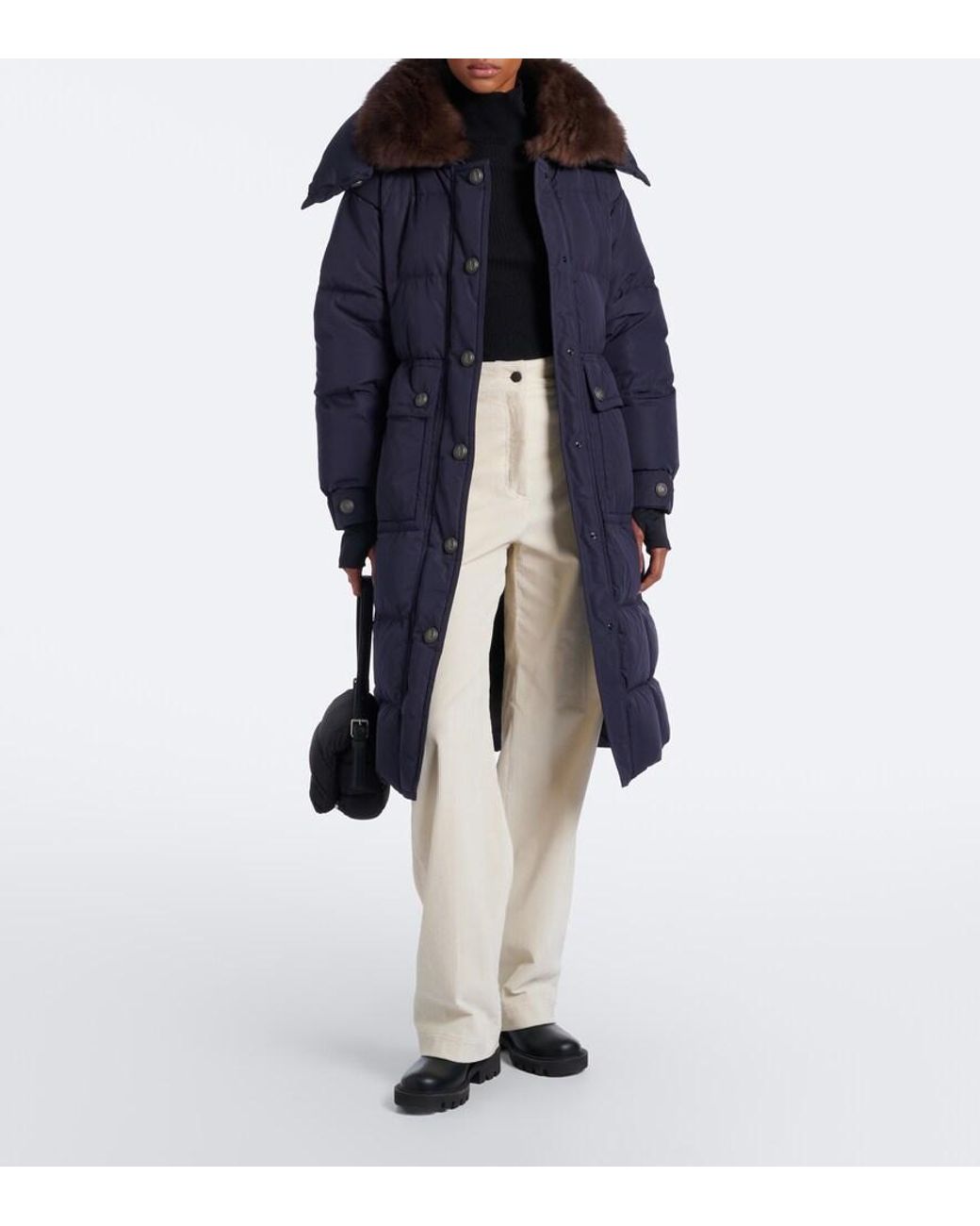 Moncler Blue Gelisette Shearling-Trimmed Down Coat