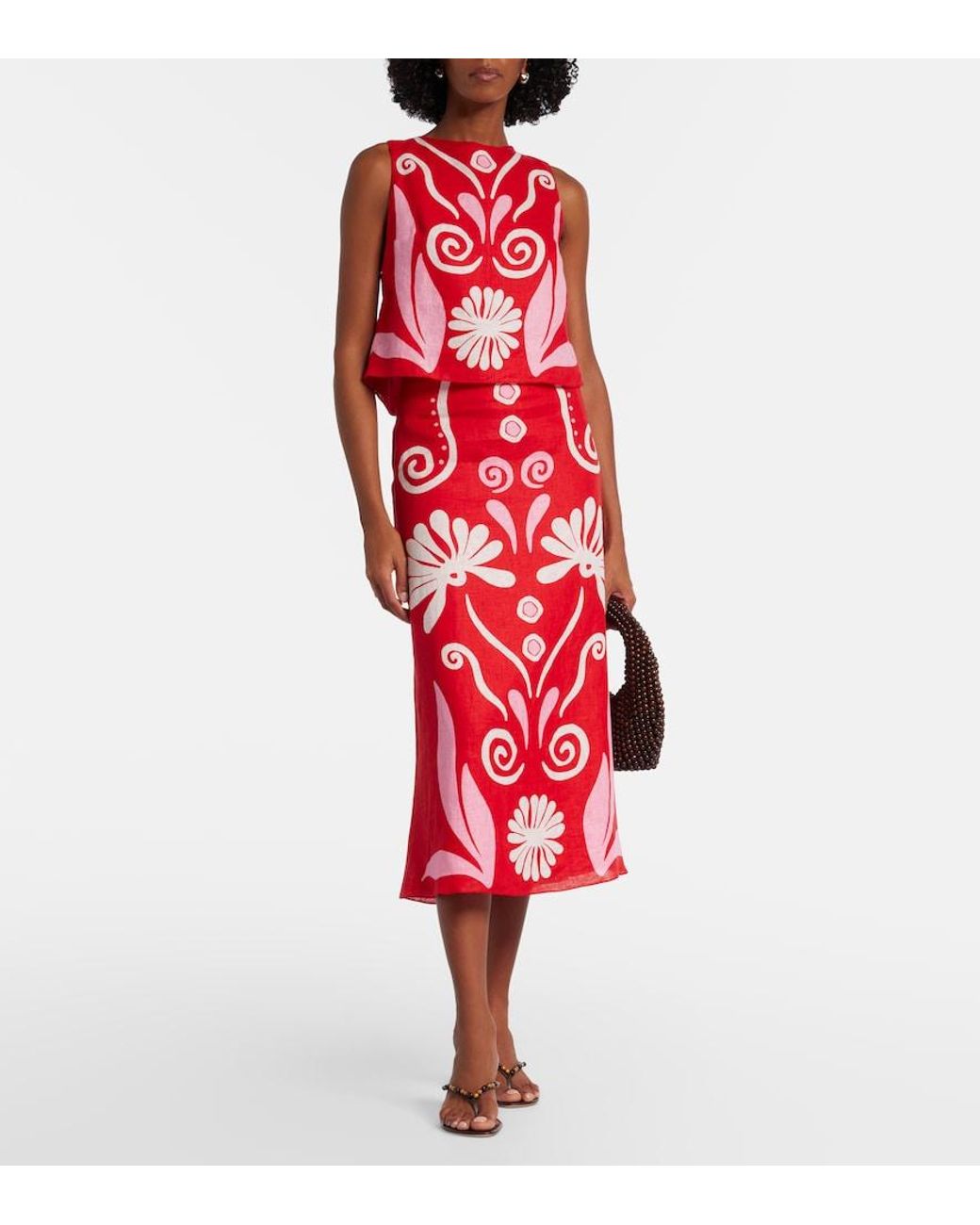 Cala De La Cruz Red Fabiana Printed Linen Midi Skirt