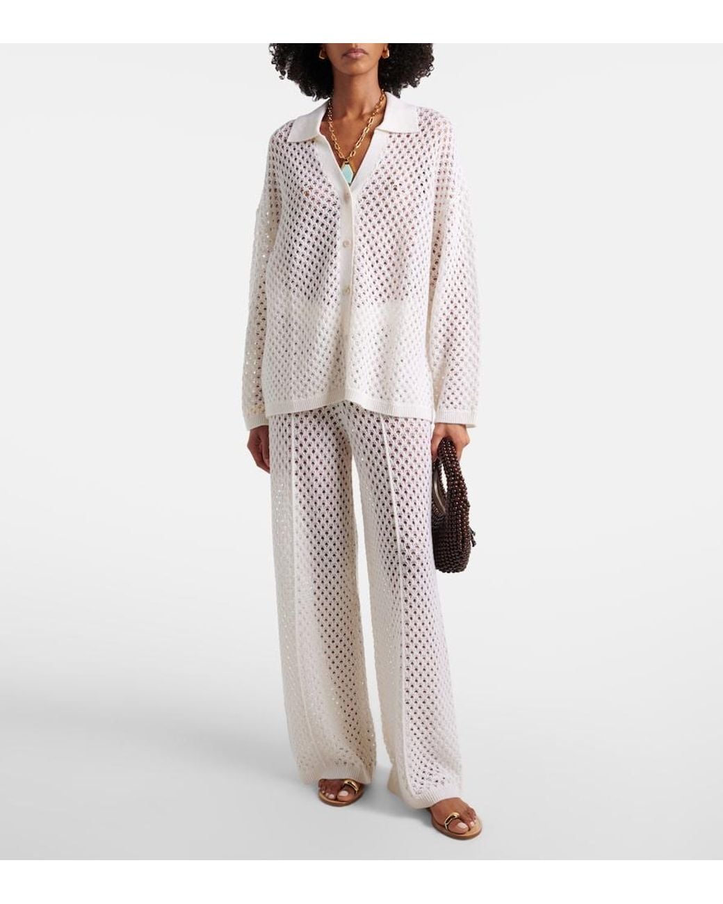 Jardin Des Orangers White Open-Knit Wool And Cashmere Cardigan
