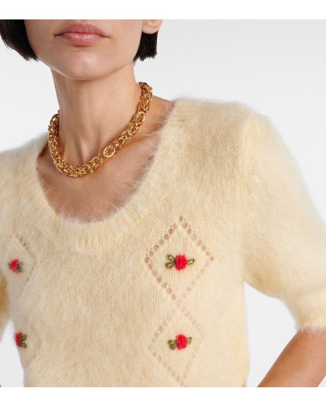 Alessandra Rich Natural Embroidered Mohair-Blend Sweater