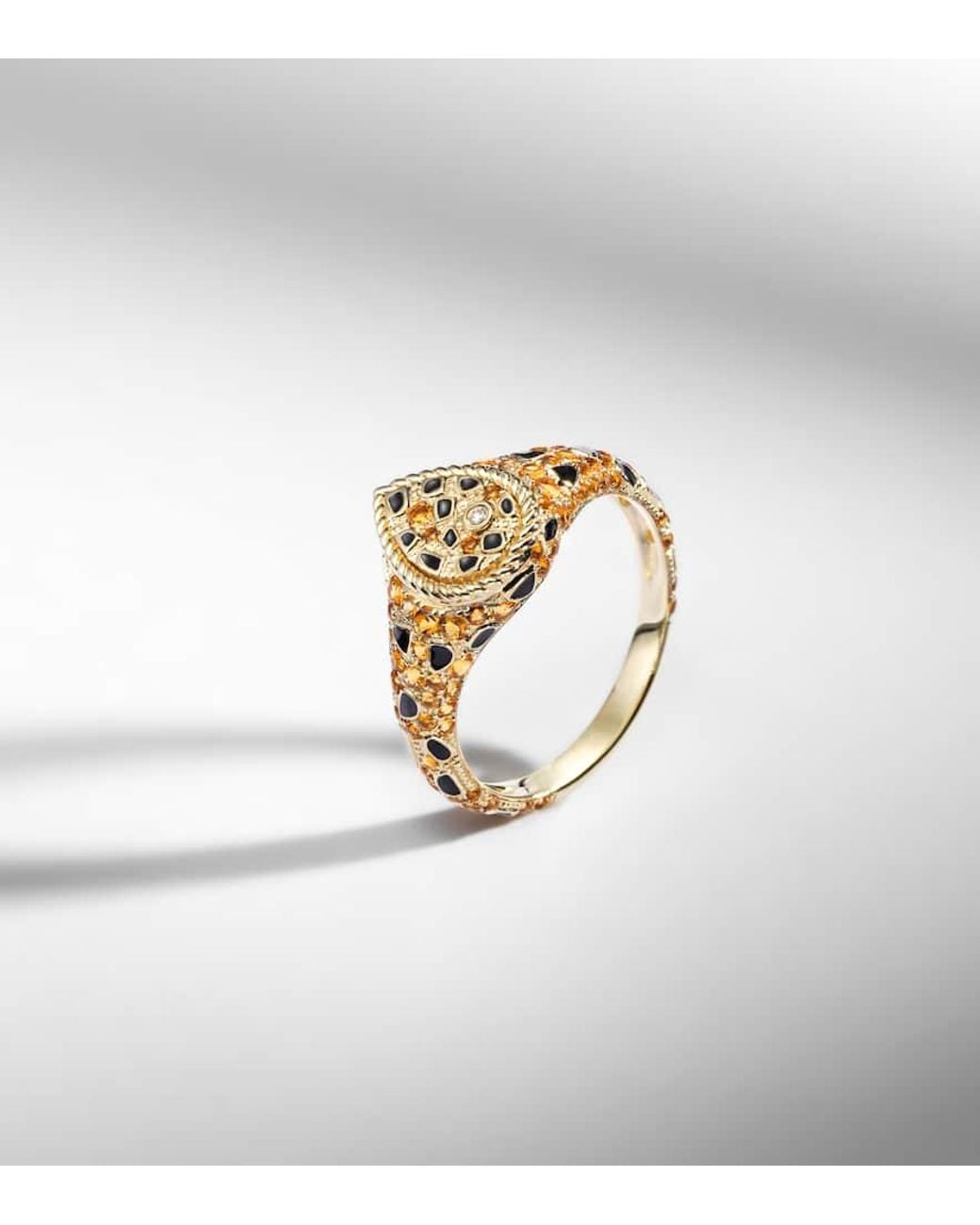 Yvonne Léon White Pinky Ring Poire Lynx Mini Aus 9Kt Gelbgold (375/1000) Mit Emaille, Diamanten Und Citrin