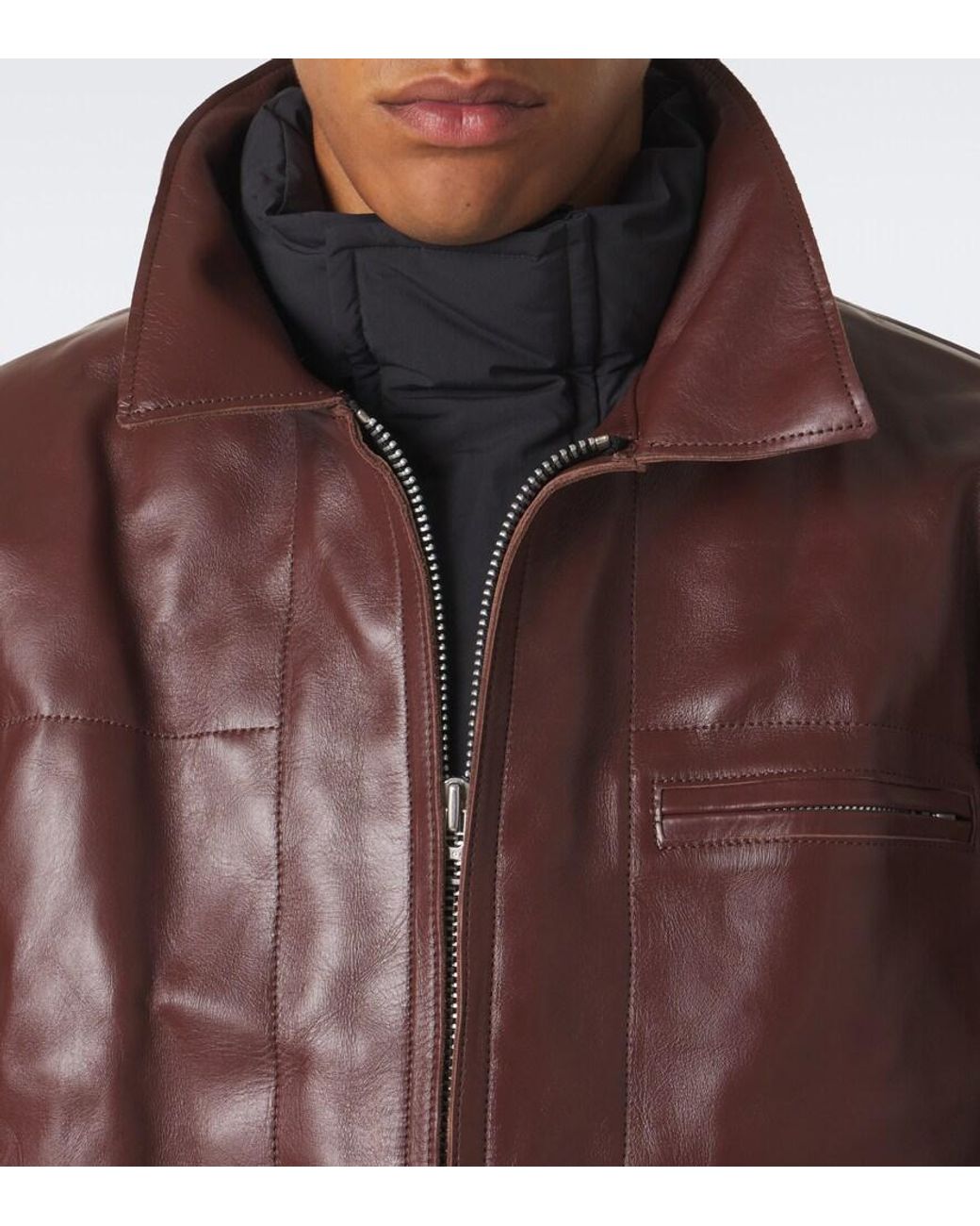 Sacai Brown Layered Leather Down Jacket for men