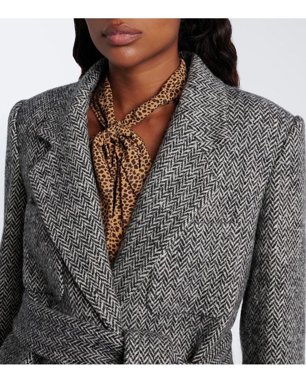 Valentino Garavani Gray Herringbone Shearling-Trimmed Wool-Blend Coat
