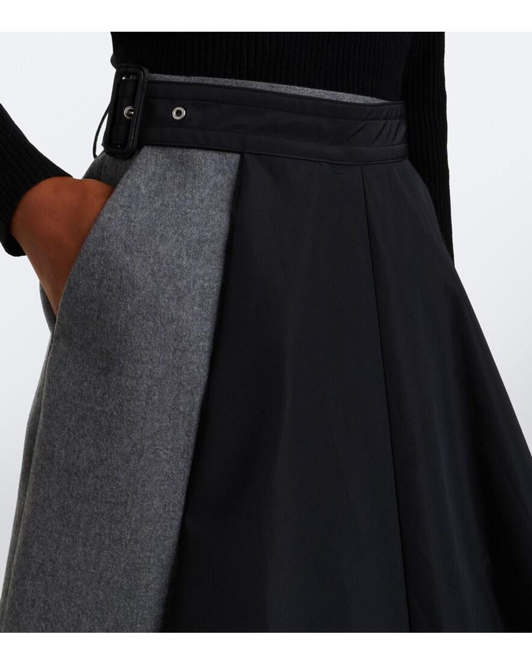 Sacai Black Paneled Taffeta And Wool Flannel Midi Skirt