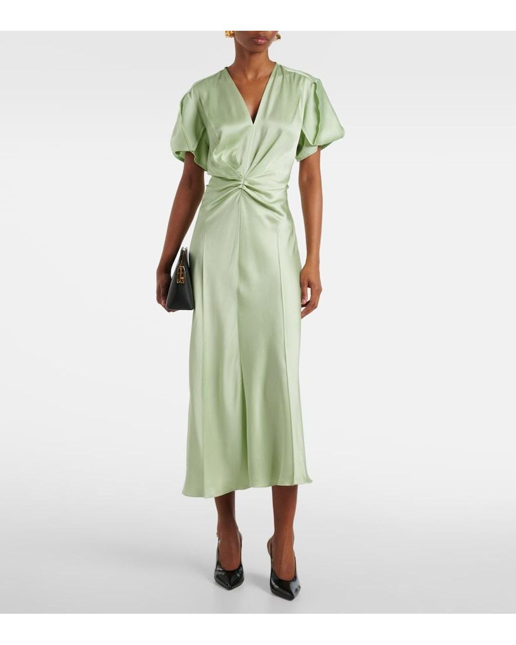 Victoria Beckham Green Gathered Crepe Satin Midi Dress