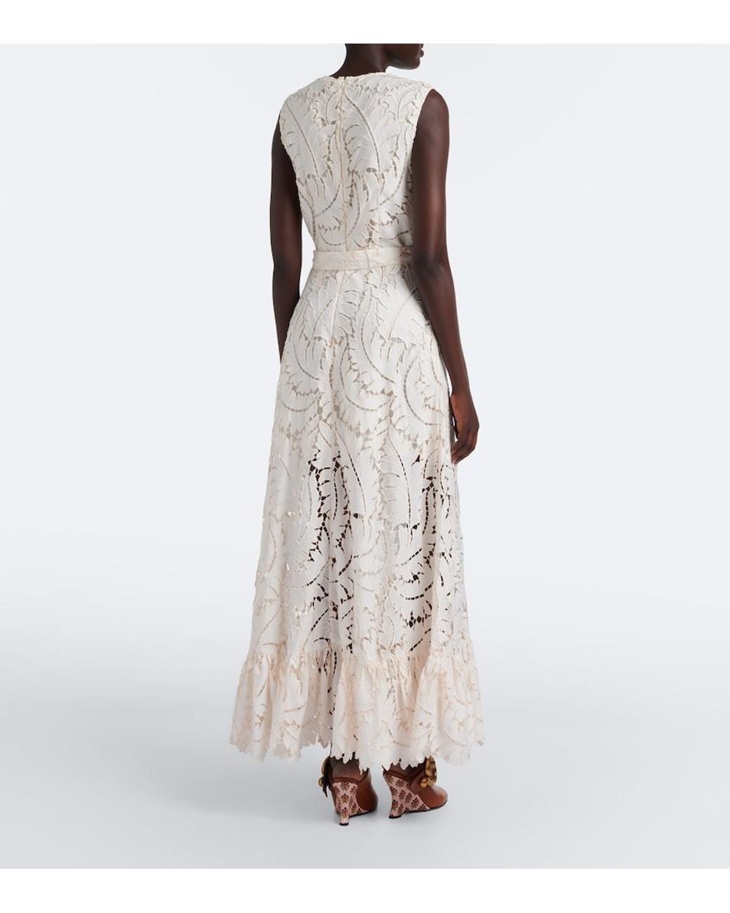 Etro White Belted Giupure Lace Cotton Maxi Dress