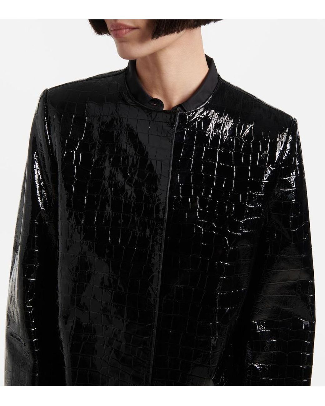 Totême Black Croc-Effect Embossed Leather Coat