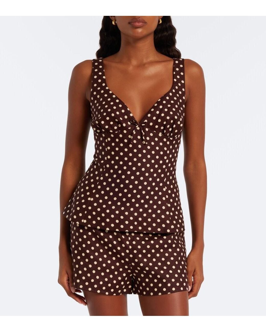 Faithfull The Brand Brown Martuba Polka-Dot Peplum Linen Top