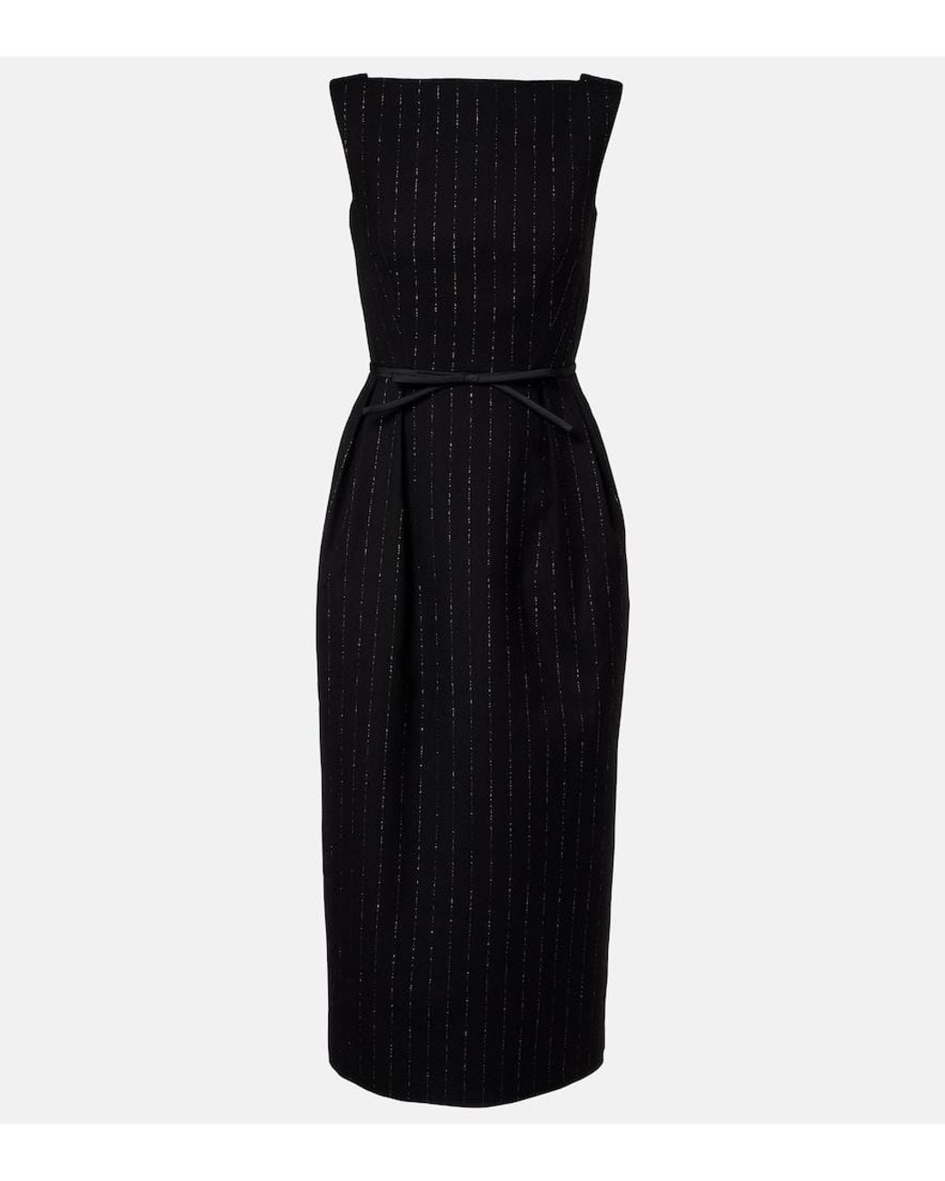 Erdem Black Pinstripe Wool Lame Midi Dress