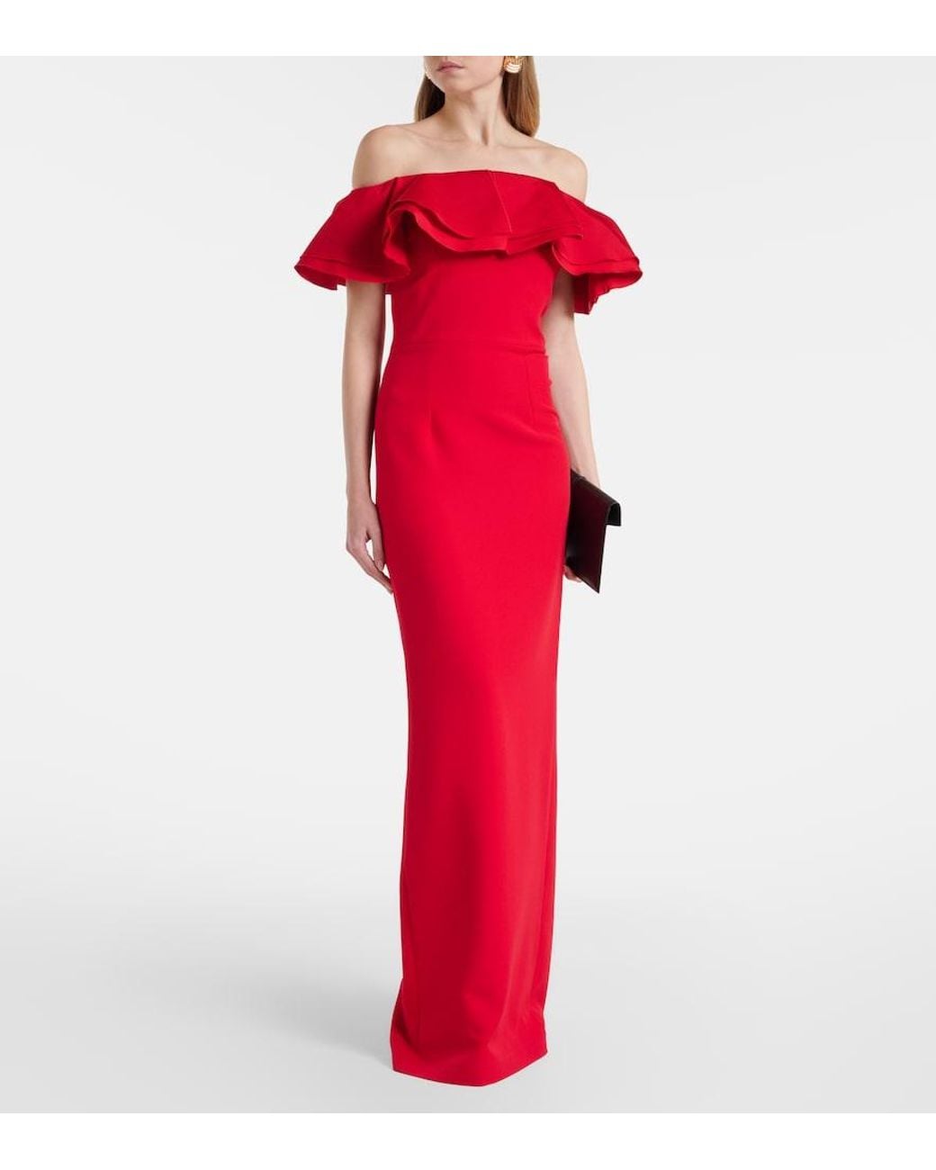 Safiyaa Red Ryan Ruffled Off-Shoulder Crepe Gown