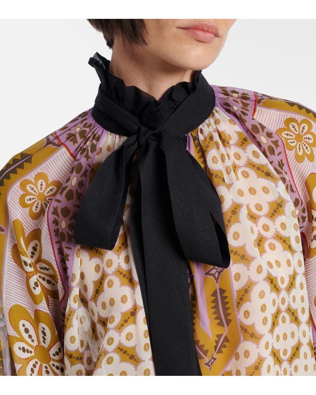 LaDoubleJ Metallic Cerere Printed Tie-Neck Silk Blouse