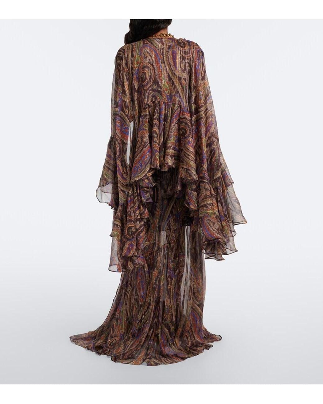 Etro Brown Paisley Ruffled Silk-Blend Crepon Maxi Dress