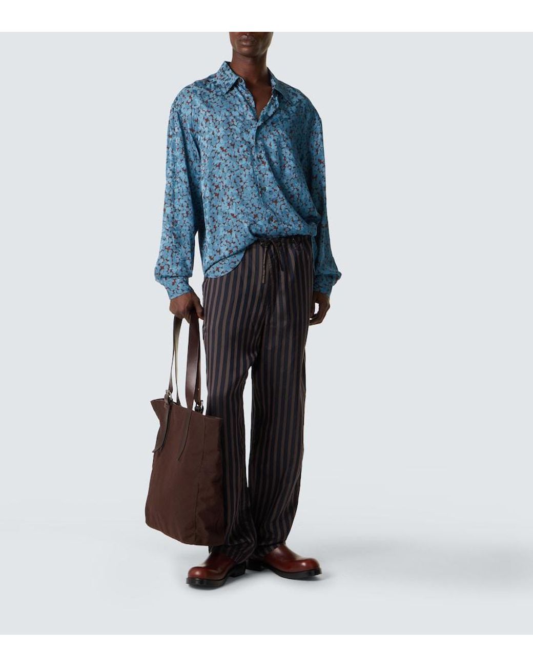 Dries Van Noten Blue Printed Satin Shirt for men