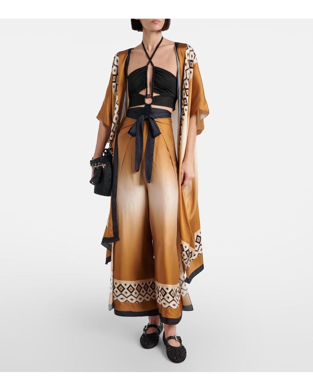 Max Mara Brown Printed Satin Cropped Wide-Leg Pants