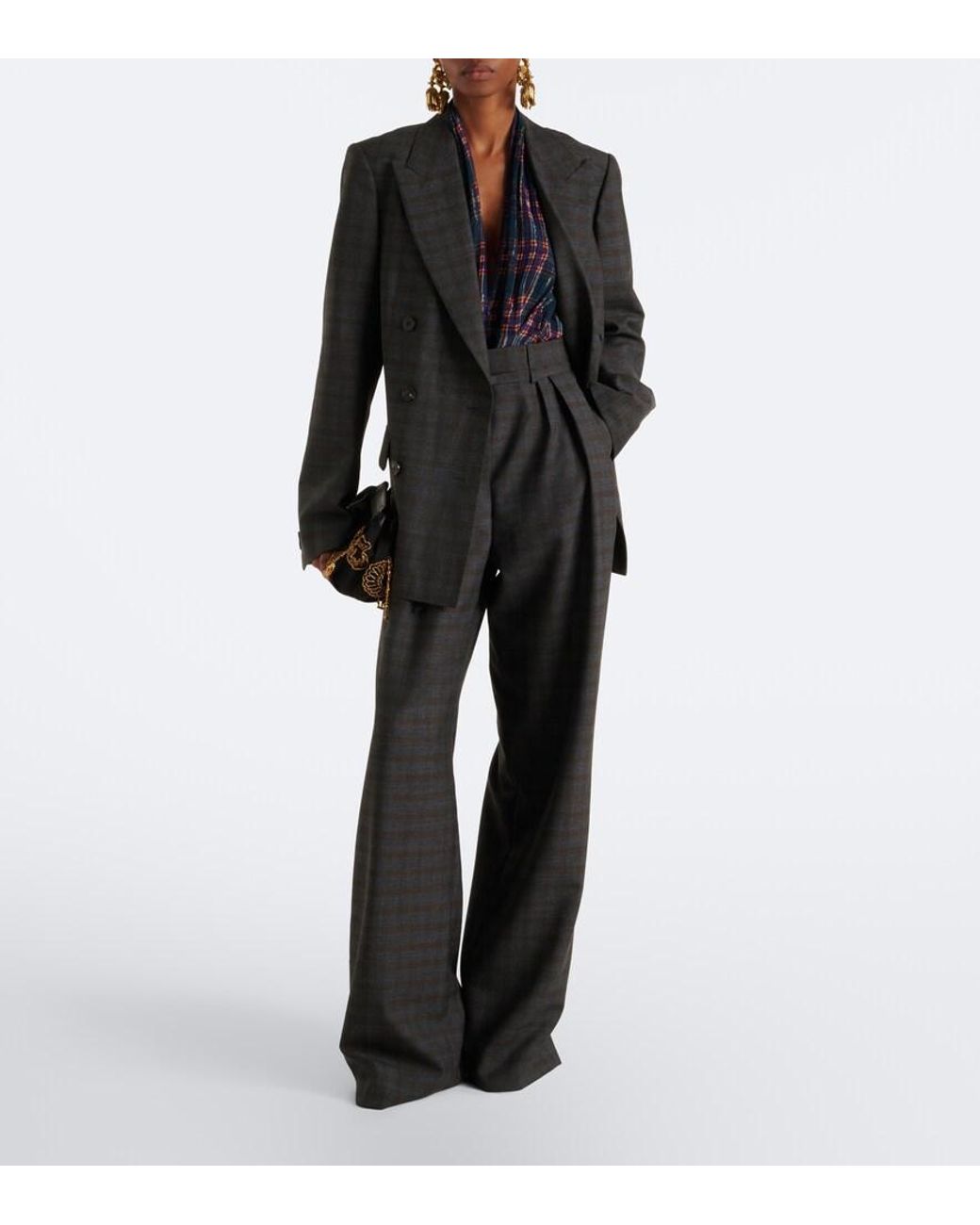 Dries Van Noten Gray Checked Pleated Wool Wide-Leg Pants