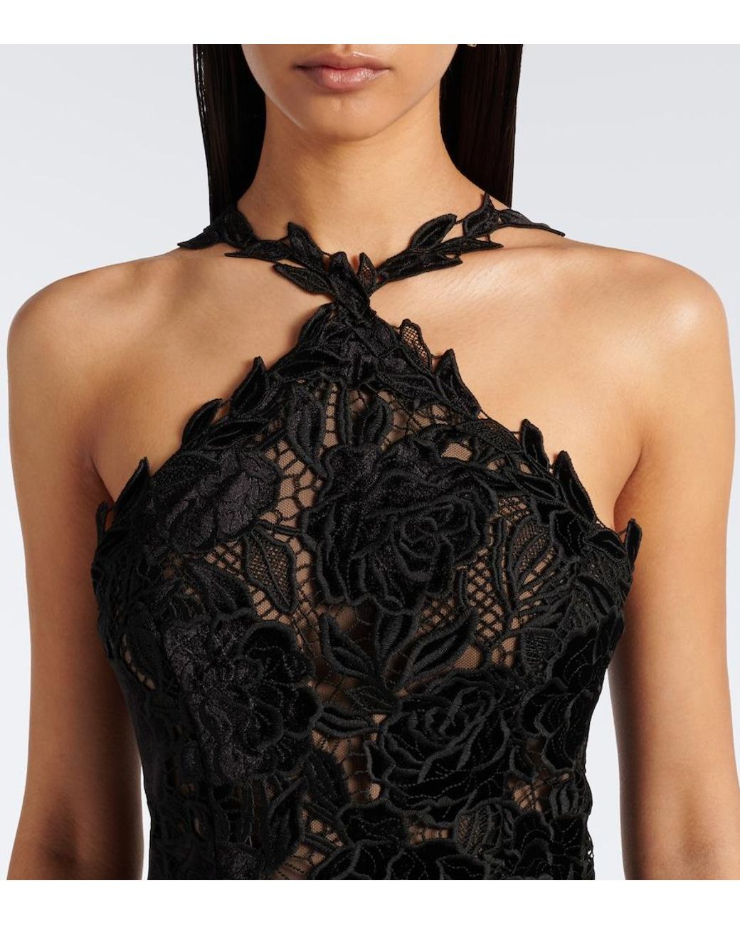 Carolina Herrera Black Guipure Lace Halterneck Cocktail Dress
