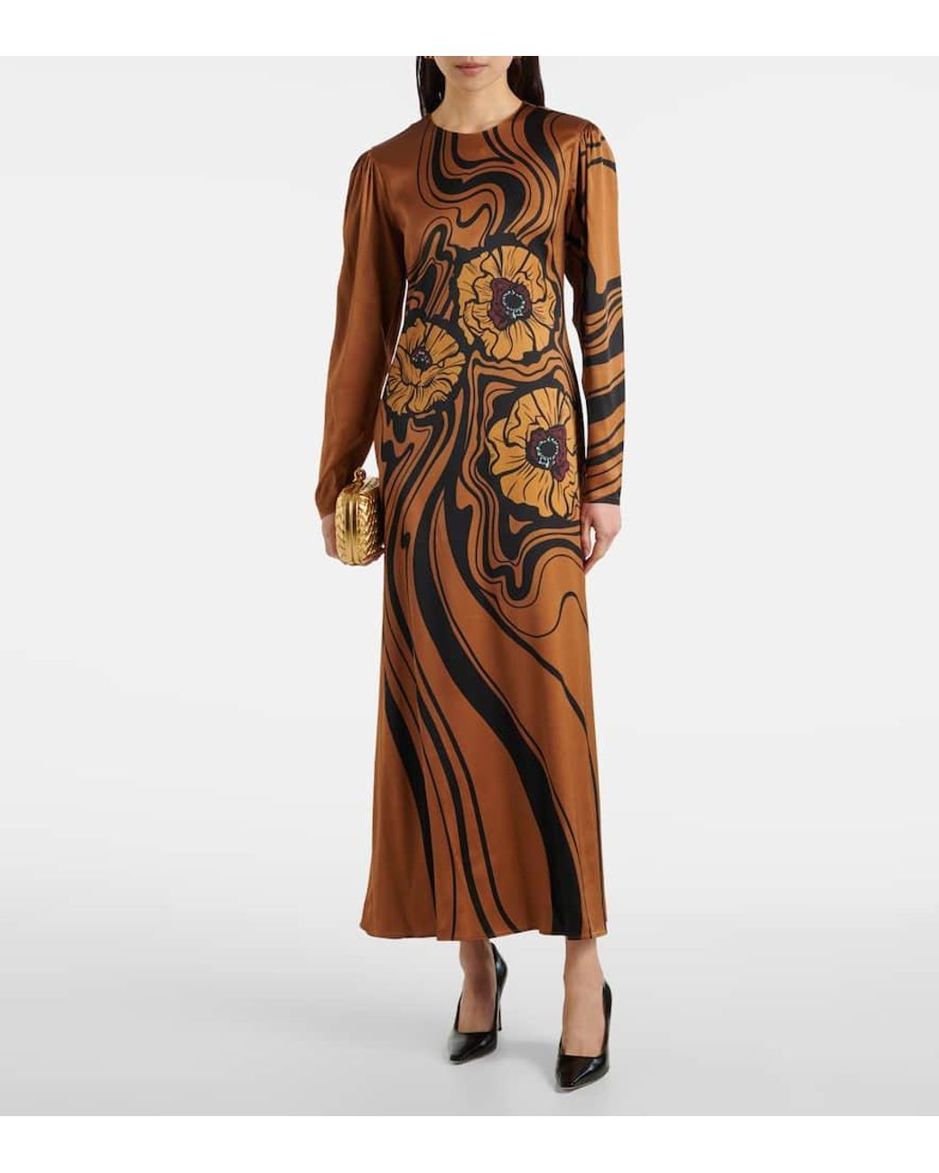 LaDoubleJ Brown Clingy Swing Floral Satin Maxi Dress