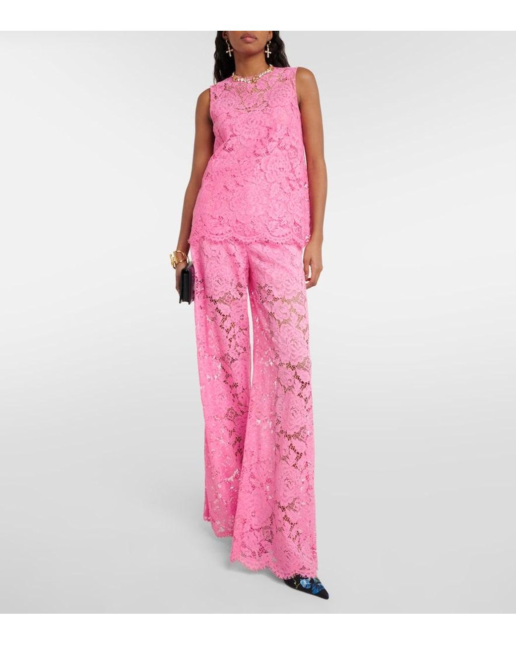 Dolce & Gabbana Pink Ausgestellte Hose Aus Elastischer Spitze Mit Logo