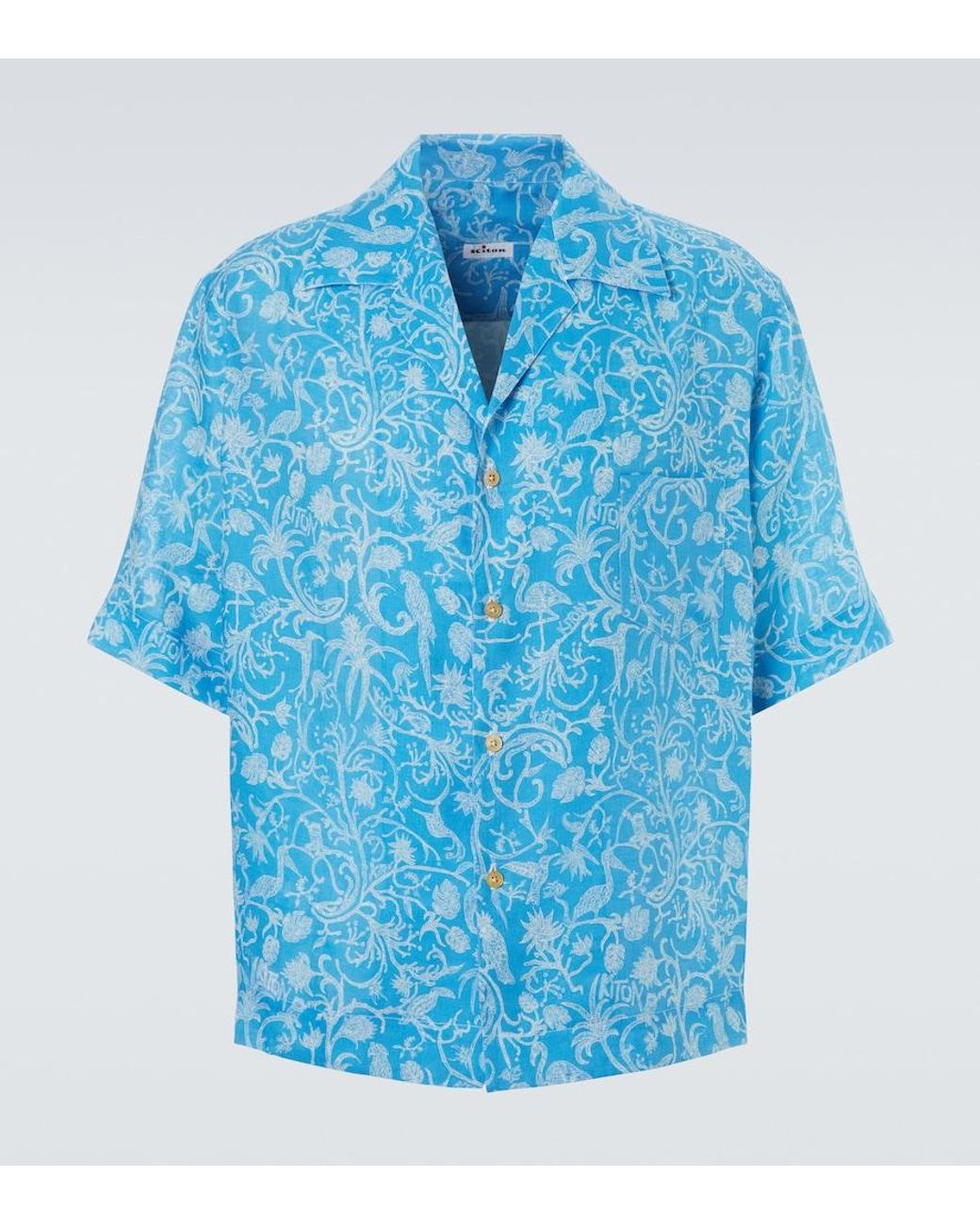 Kiton Blue Printed Linen Bowling Shirt for men