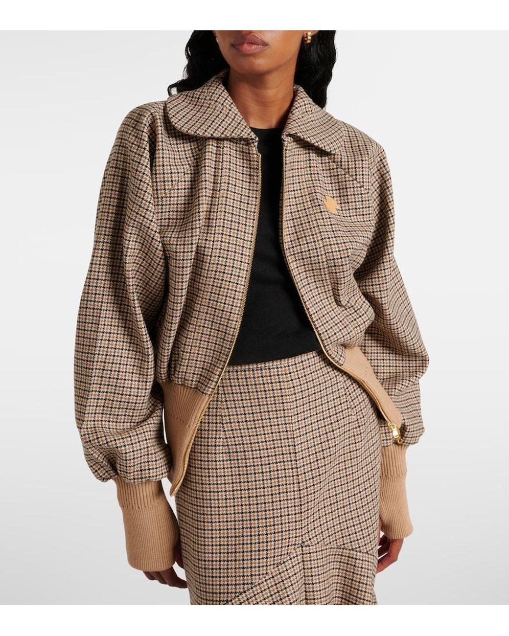 Patou Natural Houndstooth Wool-Blend Flannel Bomber Jacket
