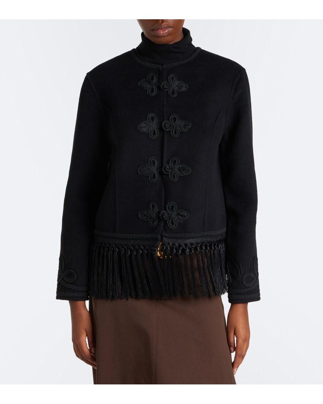 Rixo Black Inga Fringed Wool-Blend Jacket
