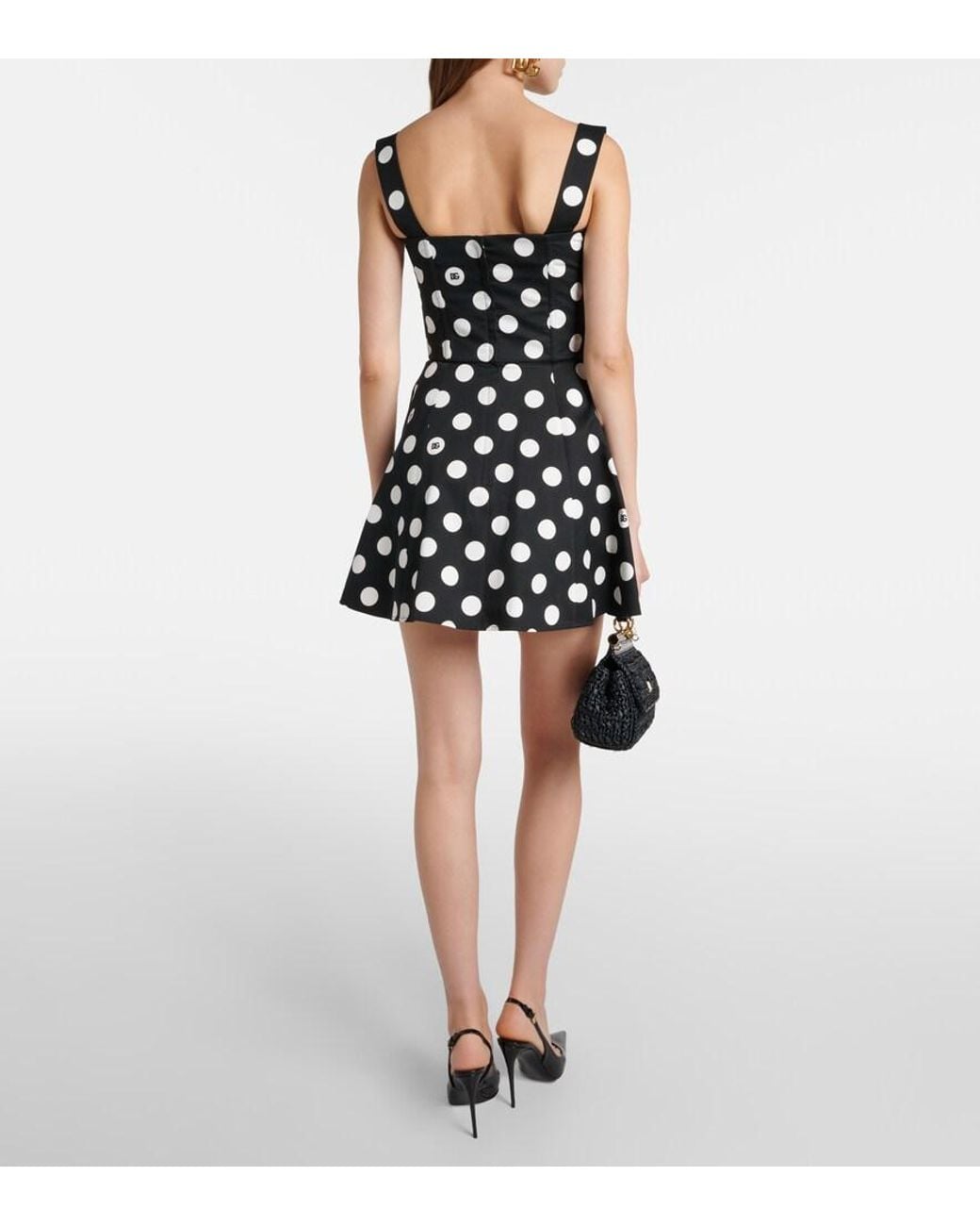 Dolce & Gabbana Black Bustier-Minikleid Aus Baumwolldrillich Punkteprint