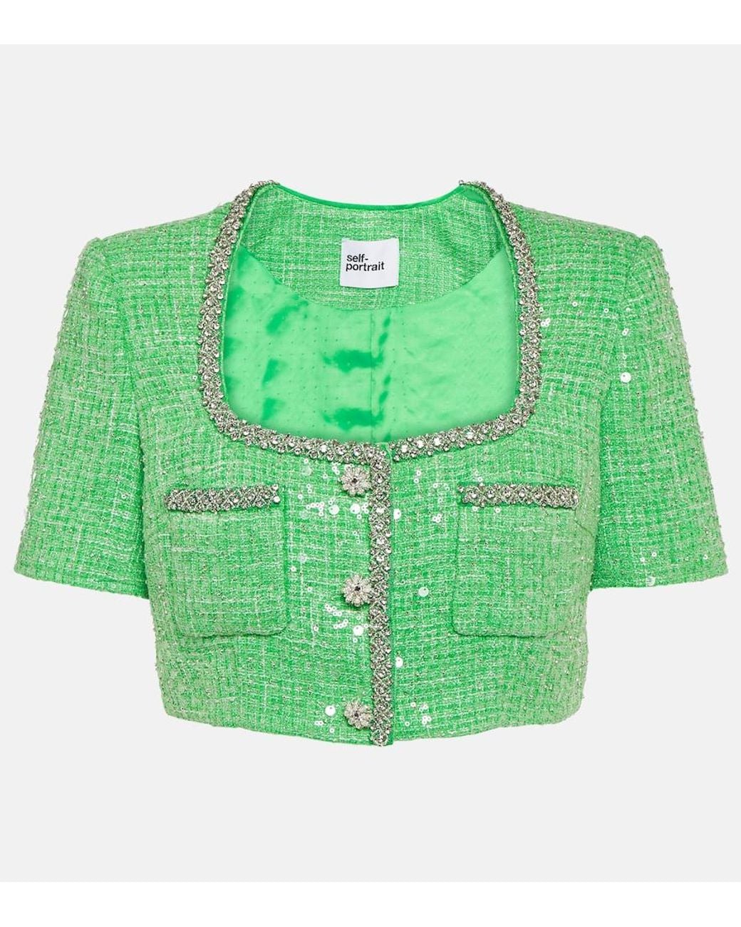 Self-Portrait Green Sequined Embellished Boucle Crop Top