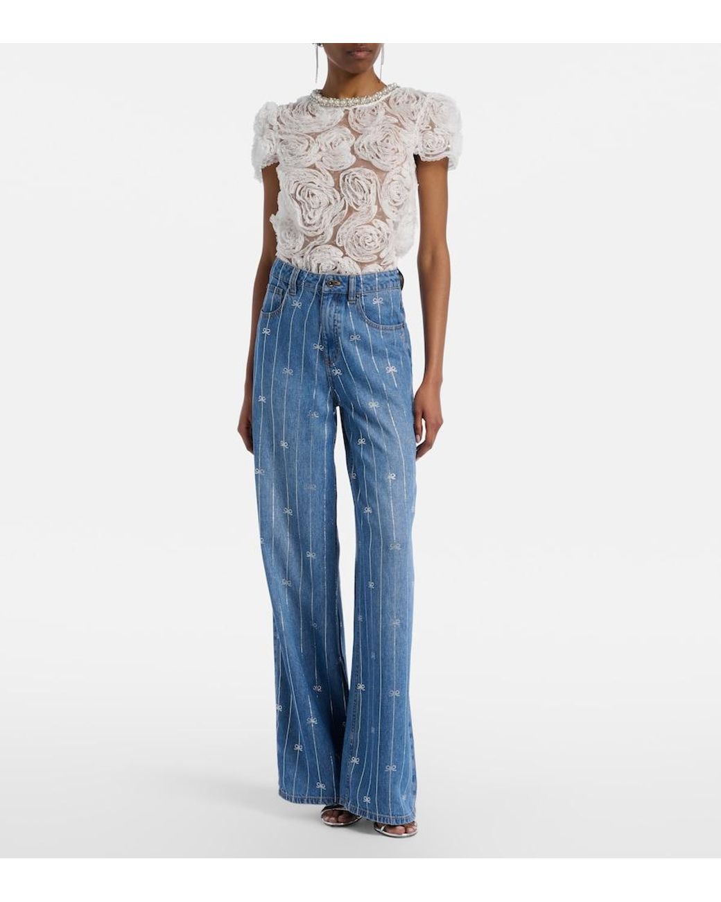 Self-Portrait Blue Striped Wide-Leg Jeans