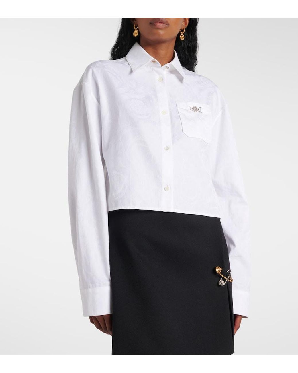 Versace White Barocco Jacquard Cropped Cotton Shirt