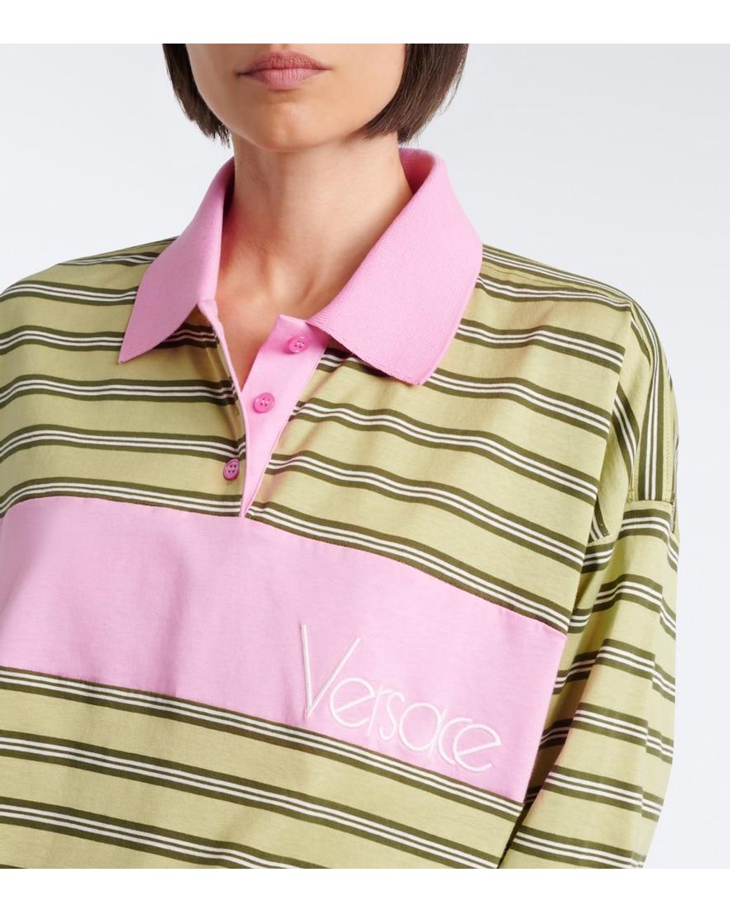 Versace Green Striped Oversized Cotton Jersey Polo Shirt