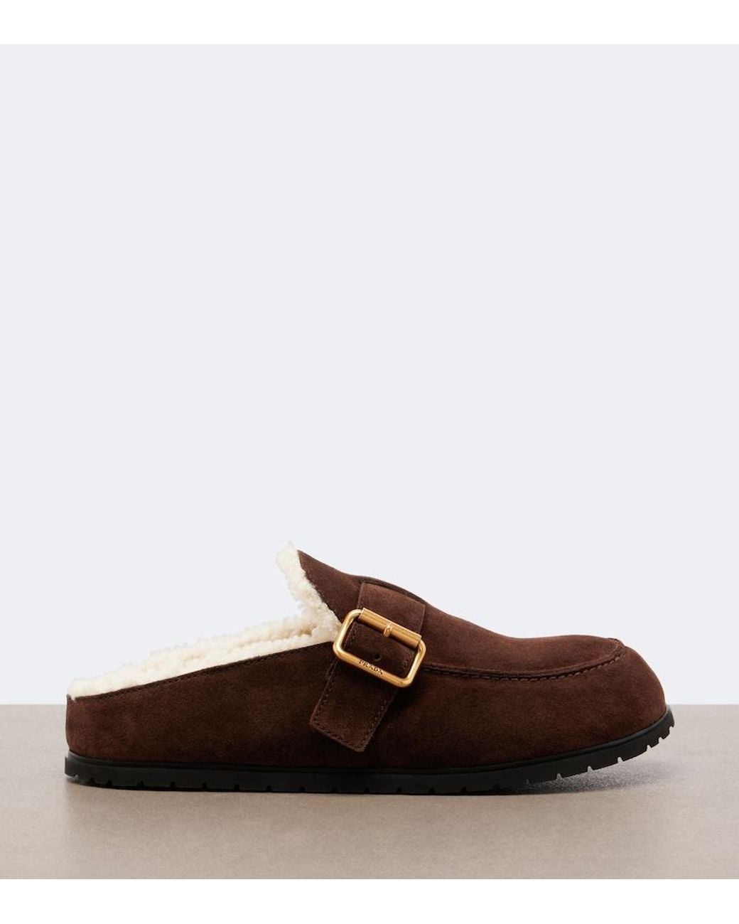 Prada Brown Shearling-Lined Suede Mules
