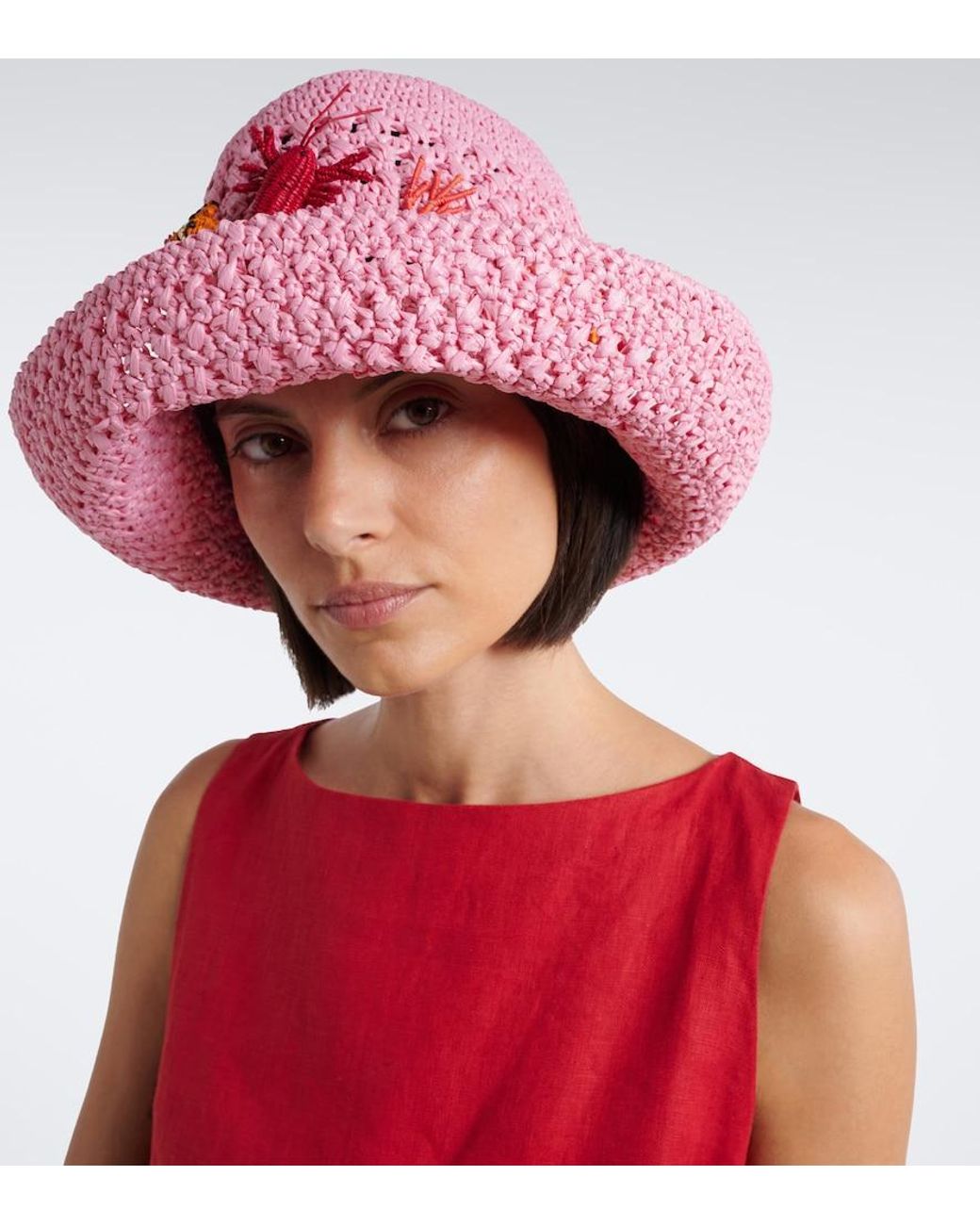 Aquazzura Pink Embellished Crochet Bucket Hat
