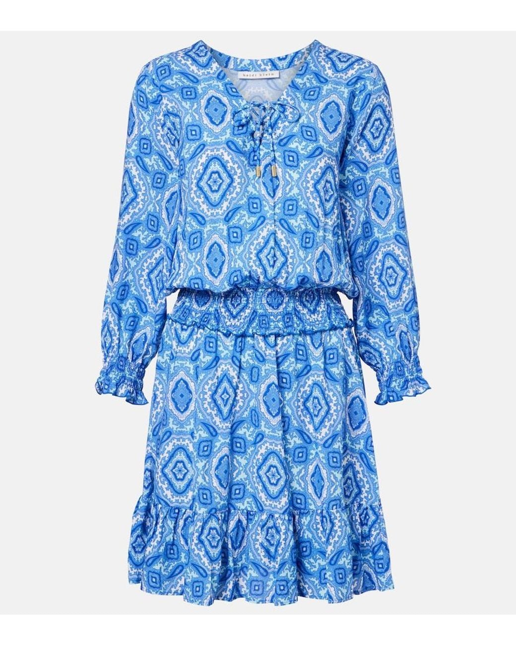 Heidi Klein Blue Mykonos Printed Smocked Minidress
