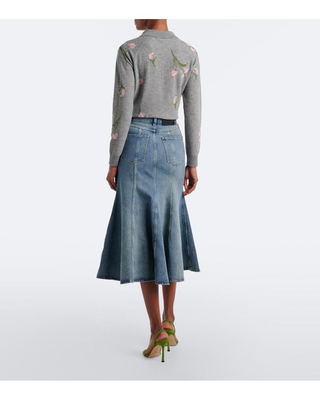 Erdem Blue Floral-Applique Denim Midi Skirt