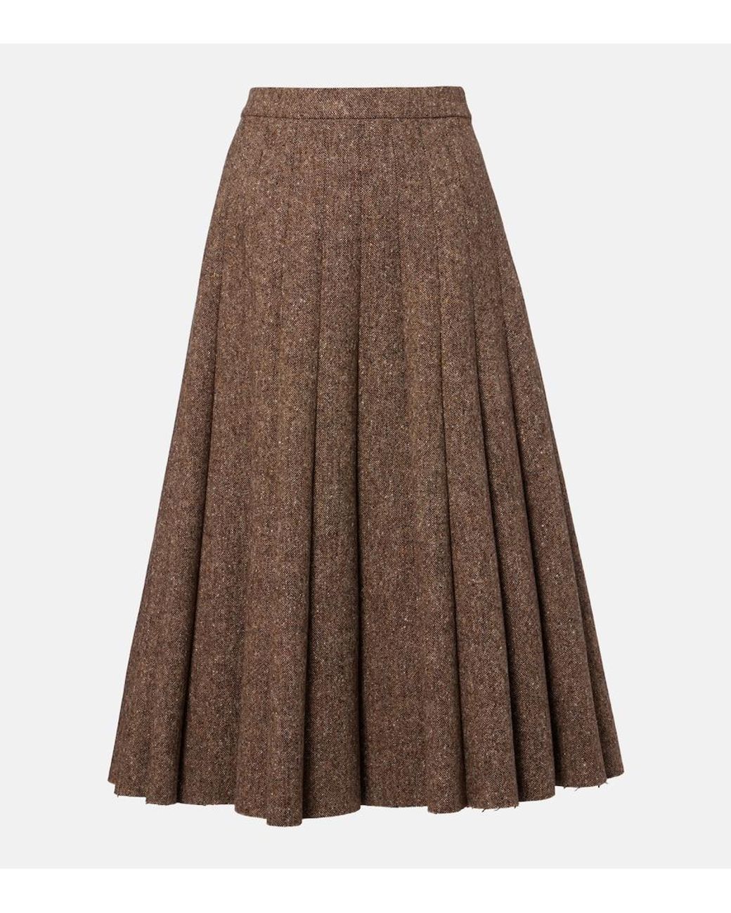 Brunello Cucinelli Brown Pleated Wool-Blend Tweed Midi Skirt