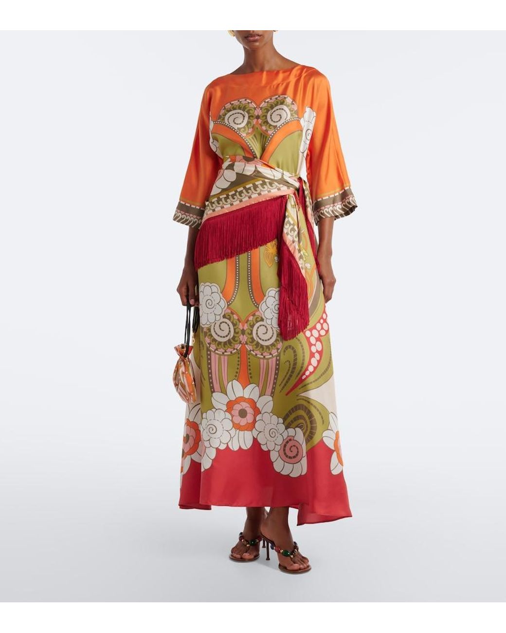 LaDoubleJ Red Fringed Printed Silk Twill Scarf