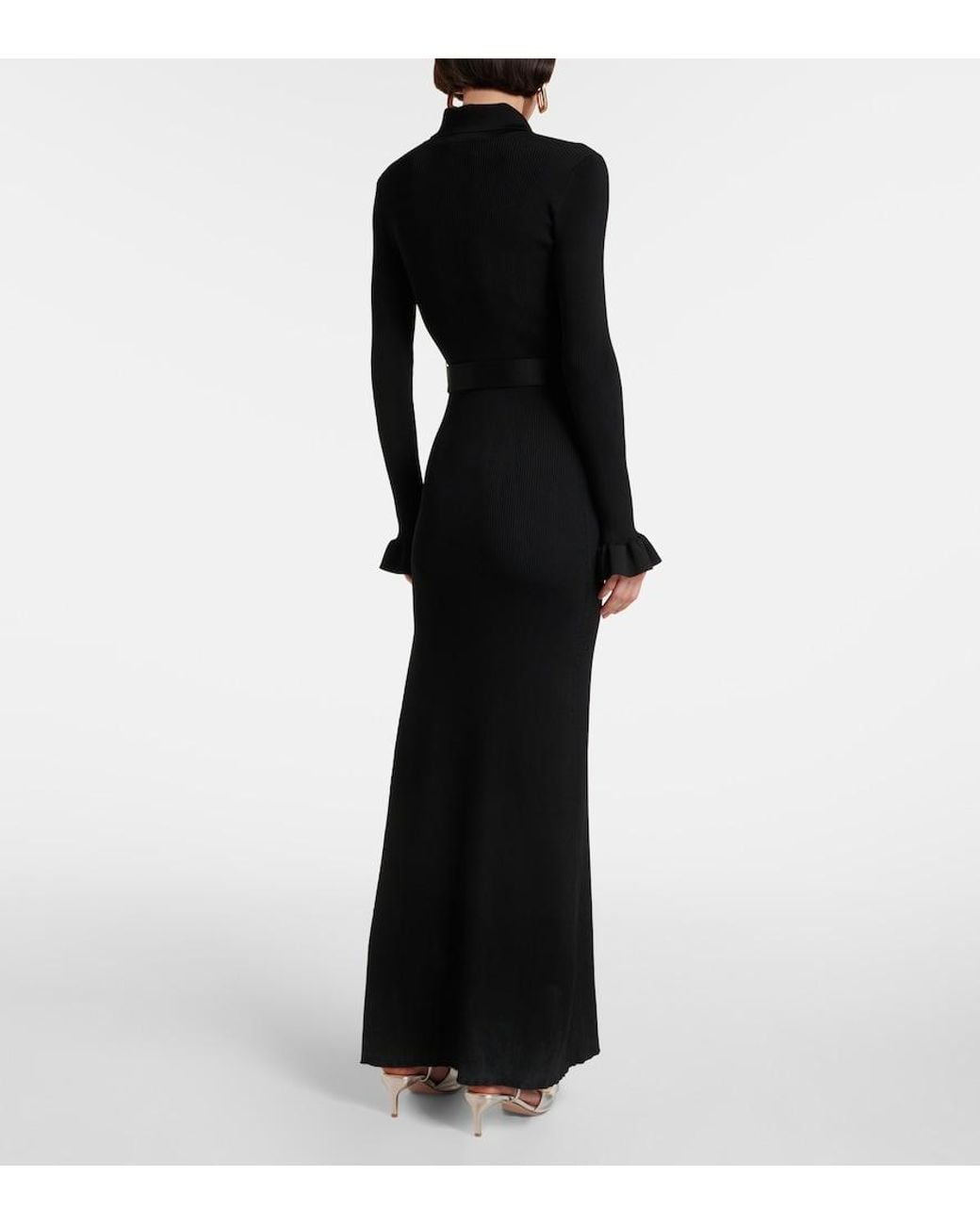 Self-Portrait Black Ribbed-Knit Side-Slit Maxi Dress