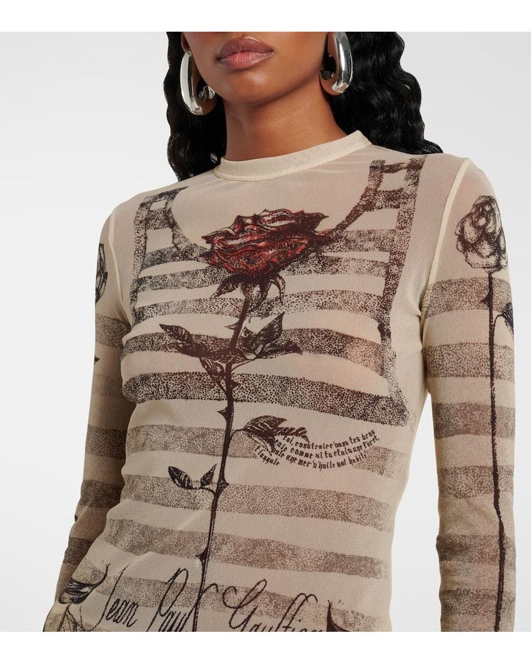 Jean Paul Gaultier Natural Striped Printed Mesh Top