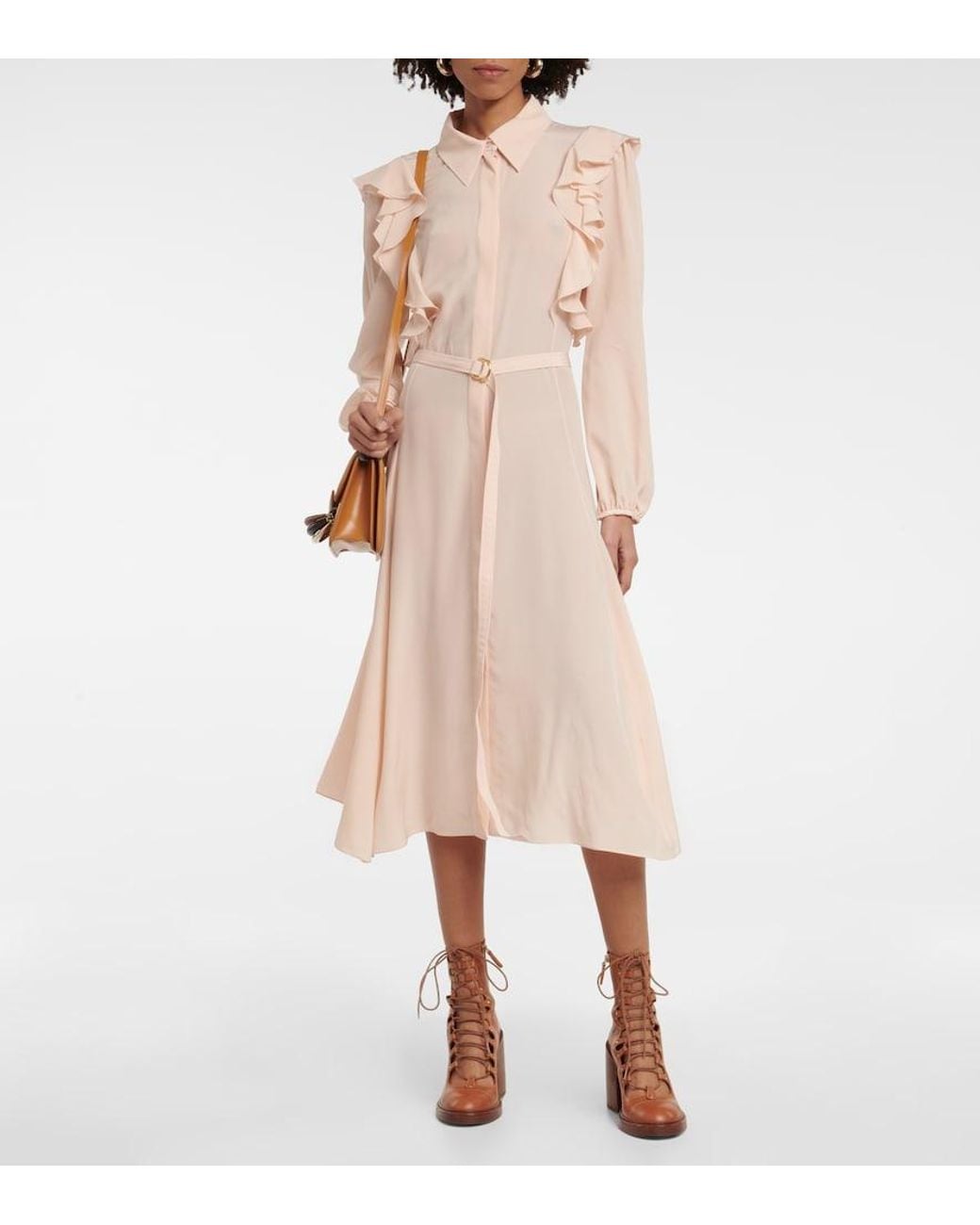 Chloé Pink Ruffled Silk Shirt Dress