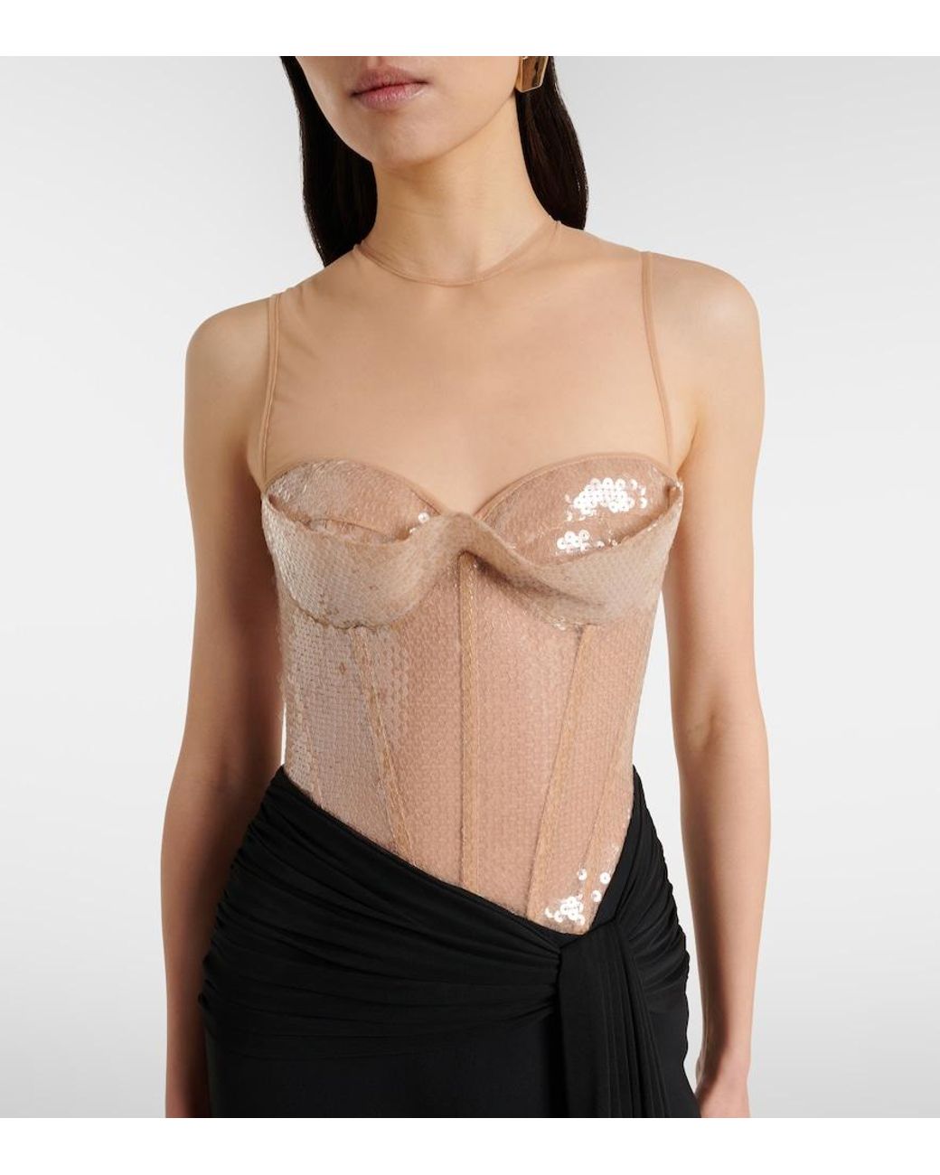 David Koma Black Sequined Paneled Bustier Gown