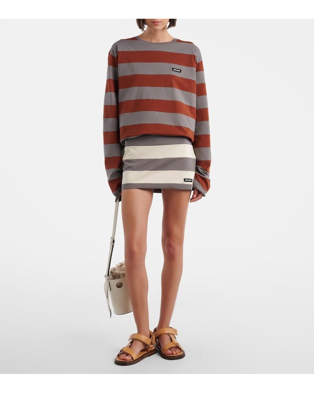 Miu Miu Gray Striped Cotton Jersey Miniskirt