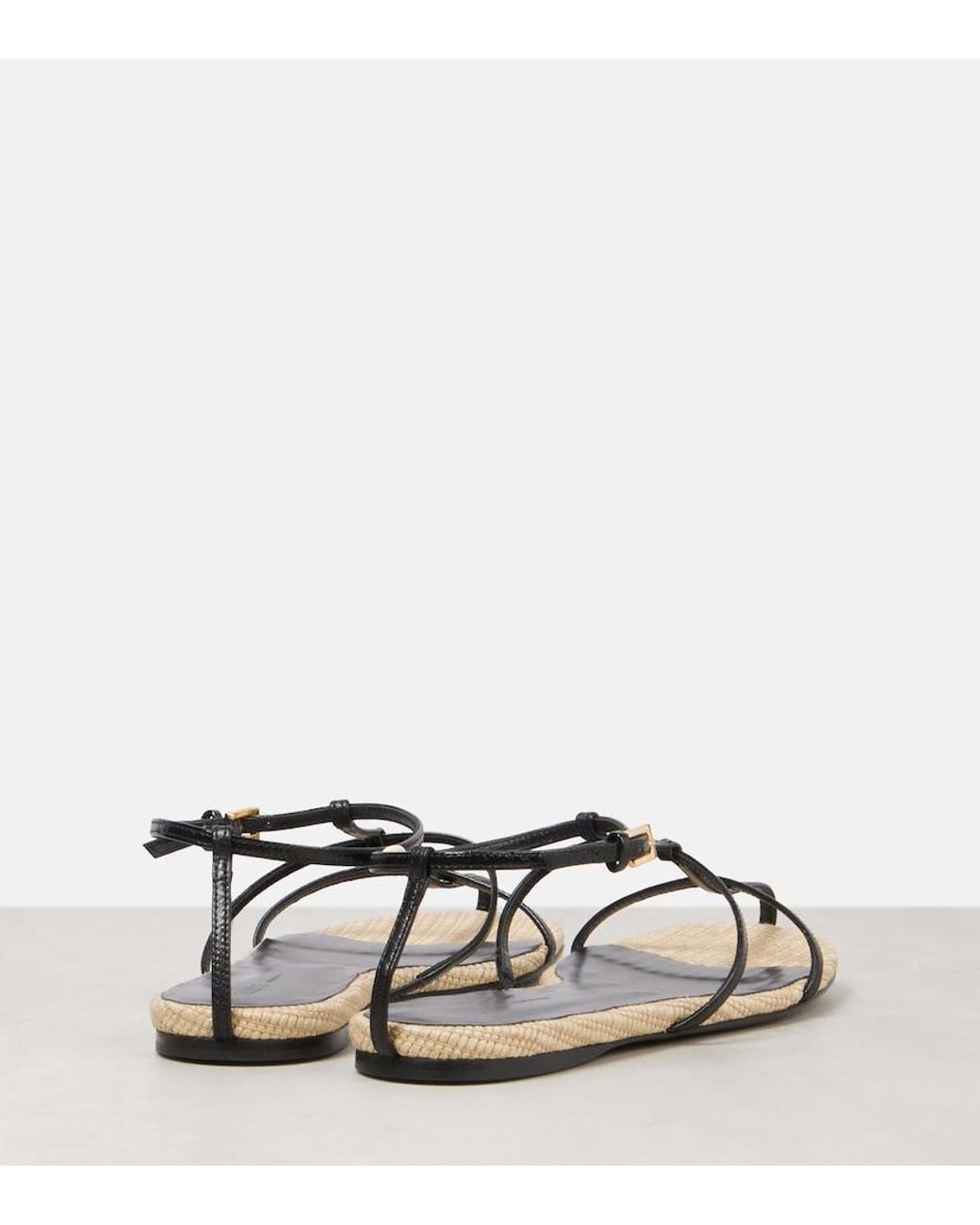 Khaite Black Cage Leather Raffia-Trimmed Sandals