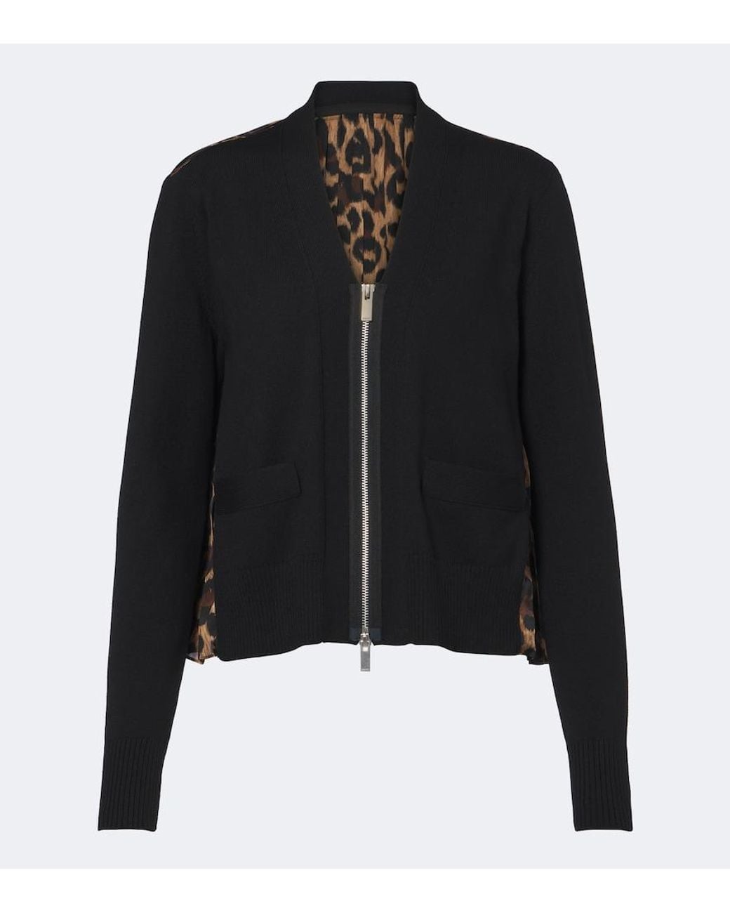 Sacai Black Paneled Leopard-Print Cotton-Blend Cardigan
