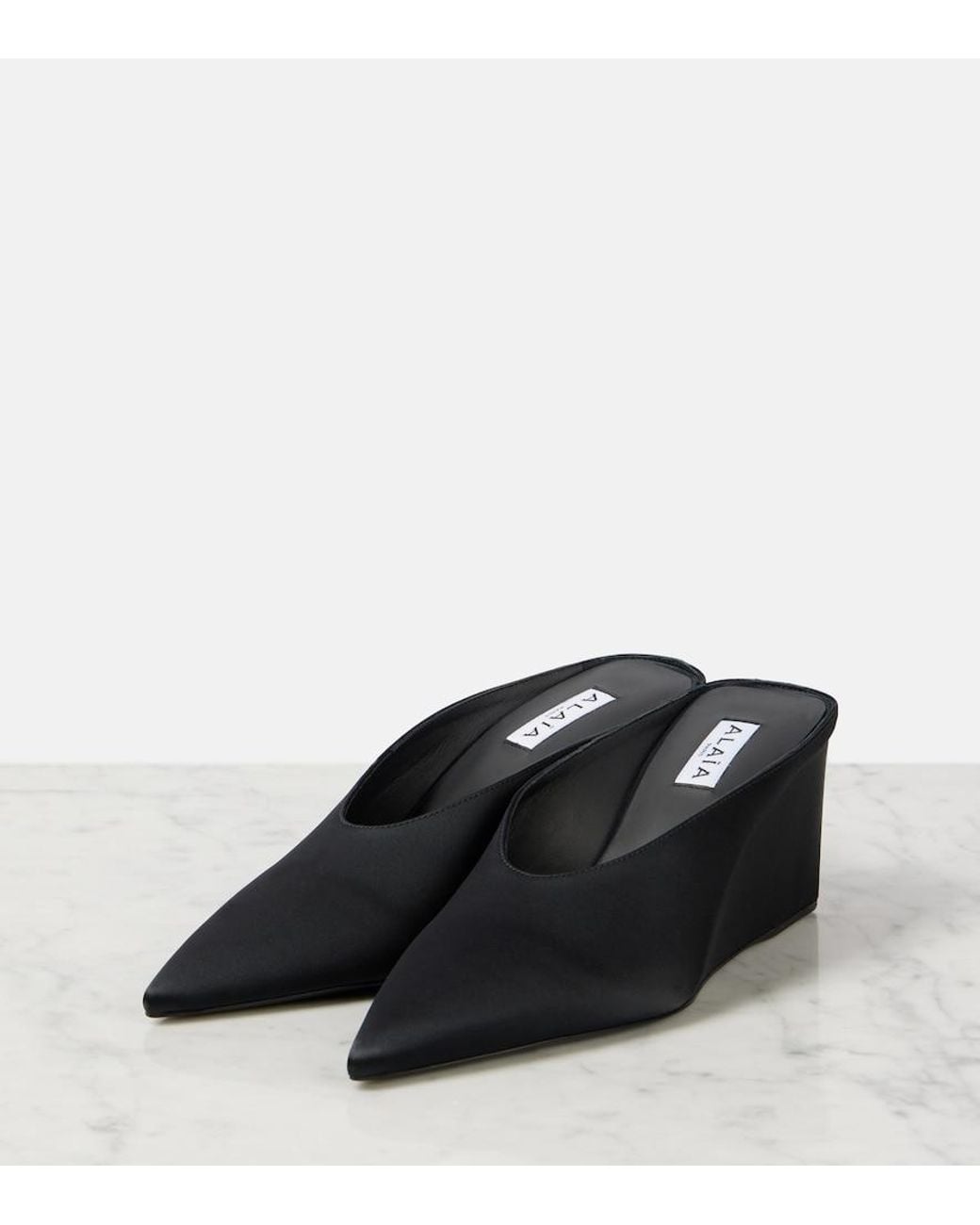 Alaïa Black Satin Point-Toe Wedge Mules