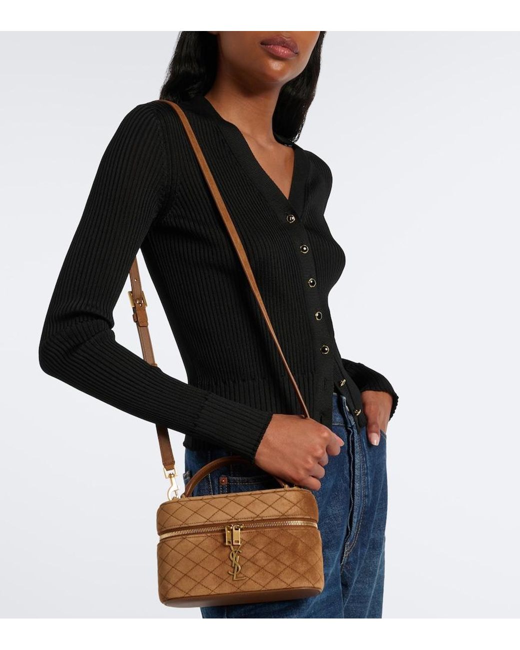 Saint Laurent Brown Gaby Mini Quilted Suede Vanity Bag