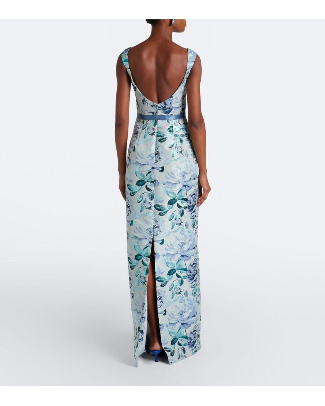 Markarian Blue Robin Belted Floral Brocade Gown