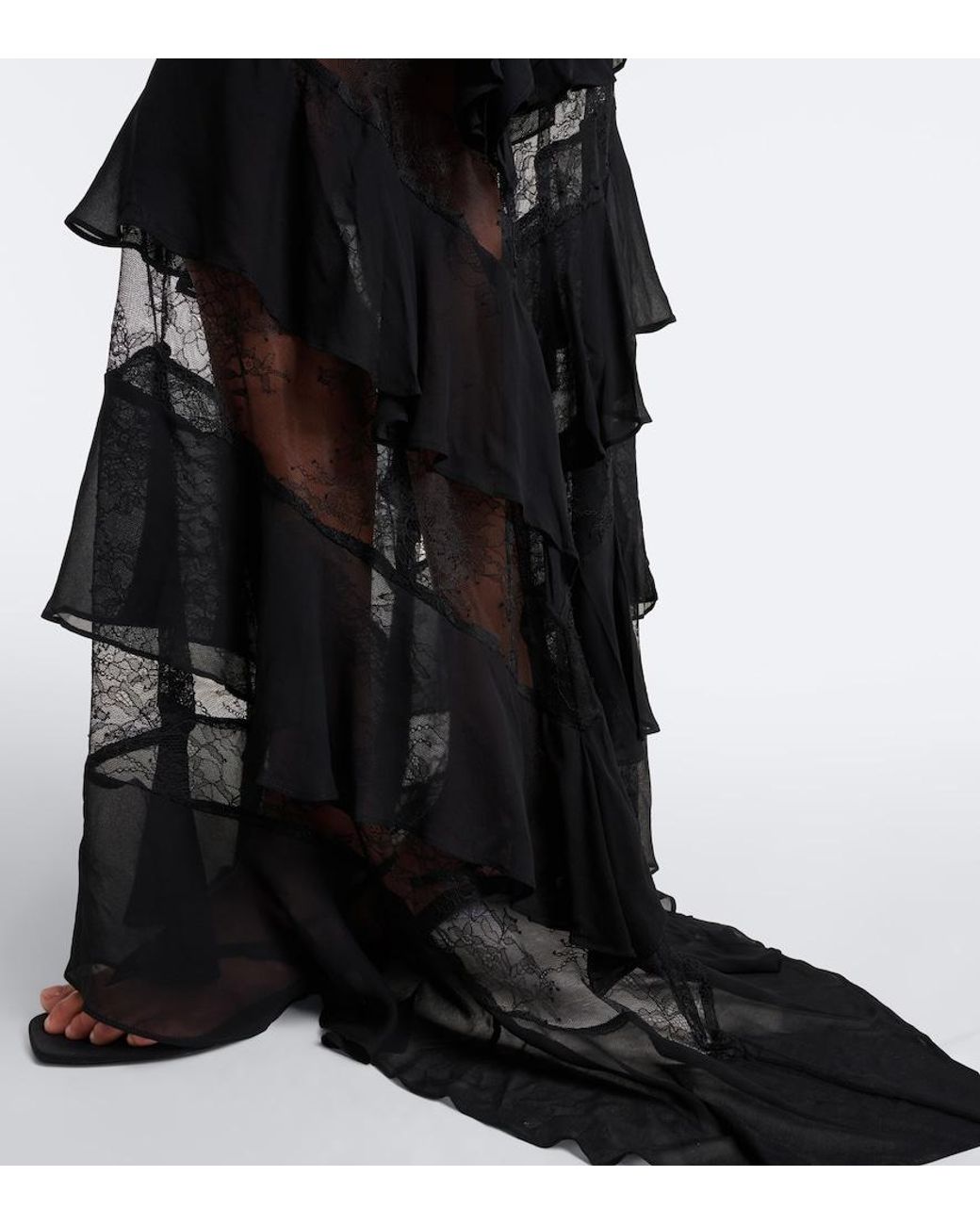 De La Vali Black Auralite Lace-Paneled Tiered Gown